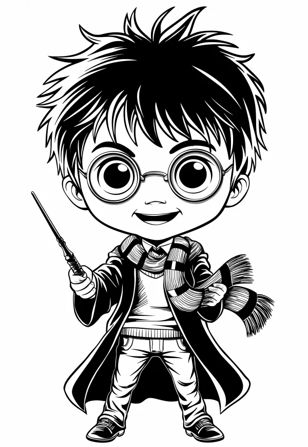 Chibi harry potter (wizard) holding a magic wand, cartoon q-version style — free printable magic coloring book page
