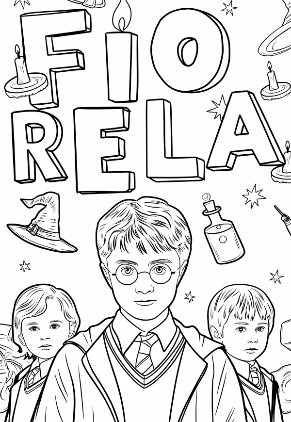 Harry potter and his schoolmates in wizard robes, magical campus theme — free printable campus coloring book page