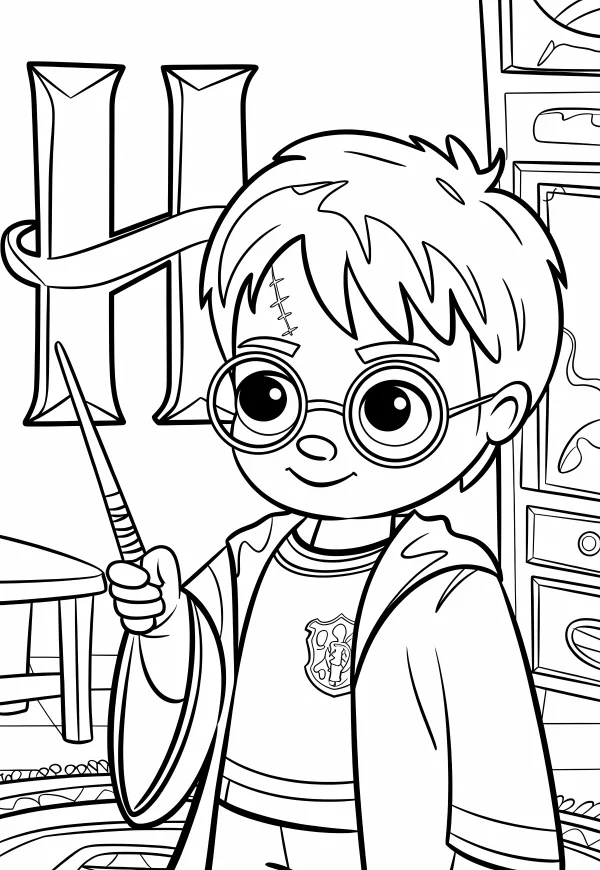 Cute cartoon harry potter with round glasses and lightning scar, holding a magic wand — free printable magic coloring book page