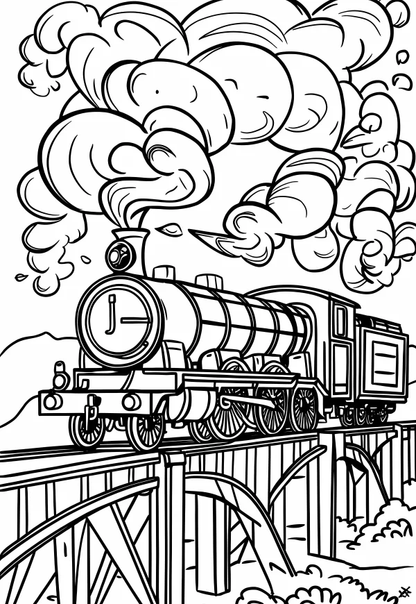 Steam train on wooden bridge, cartoon style — free printable travel coloring book page