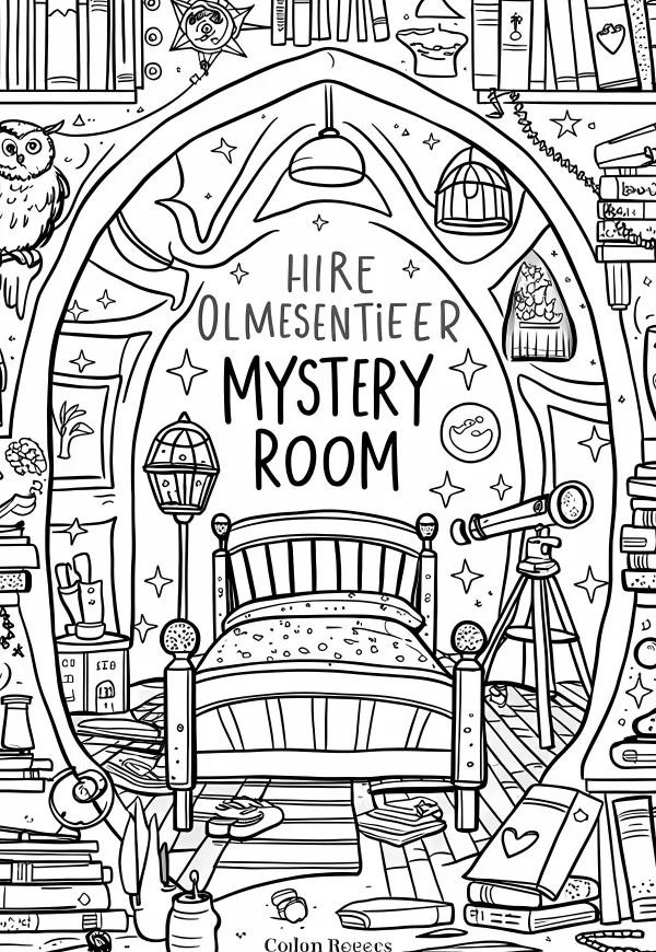 Magical mystery room interior with bed, owl — free printable magic coloring book page