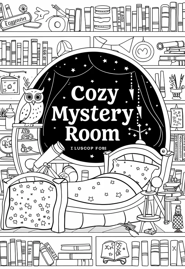 Cozy mystery study room with an owl perched on shelf, cartoon style — free printable home coloring book page