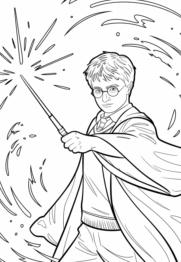Harry potter holding a magic wand, fantasy sketch style — free printable magic coloring book page