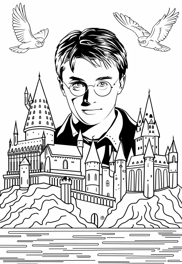 Harry potter with hogwarts castle, two owls flying above — free printable magic coloring book page
