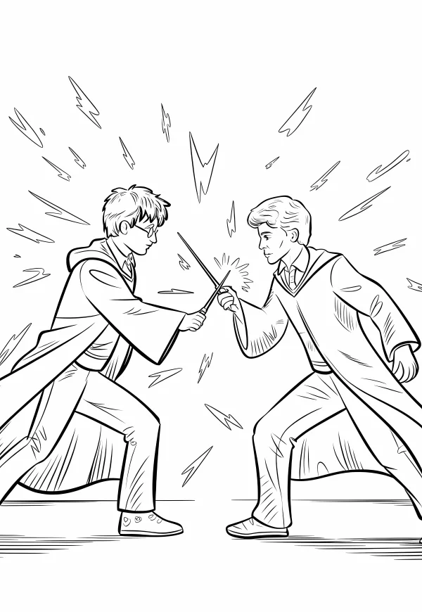 Wizard wand duel scene, two boys in wizard robes casting spells with magic shock effects — free printable magic coloring book page