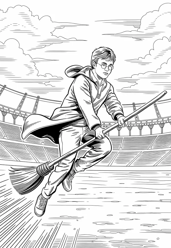 Harry potter riding a broomstick, quidditch stadium background with clouds — free printable sports coloring book page