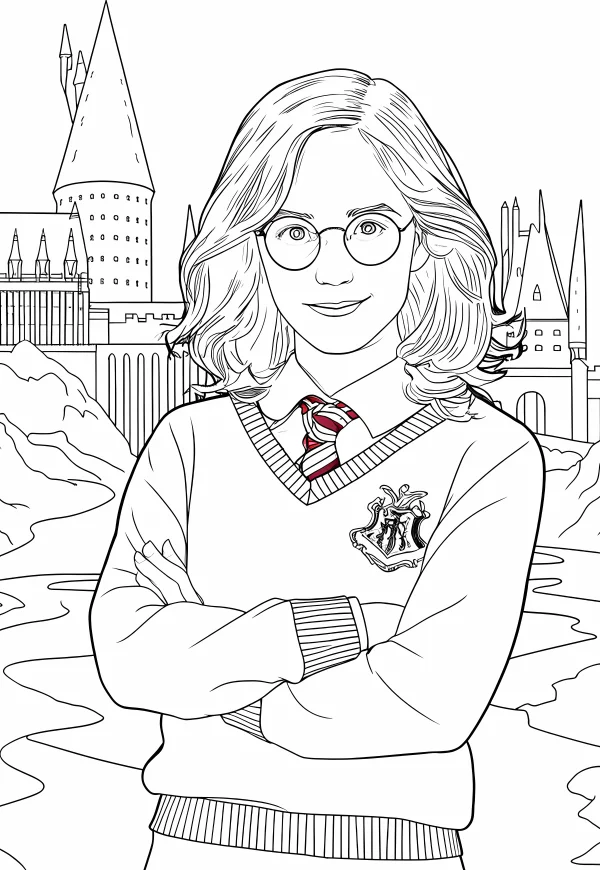 Hermione granger from harry potter, wearing gryffindor v-neck sweater with house crest and striped tie — free printable magic coloring book page