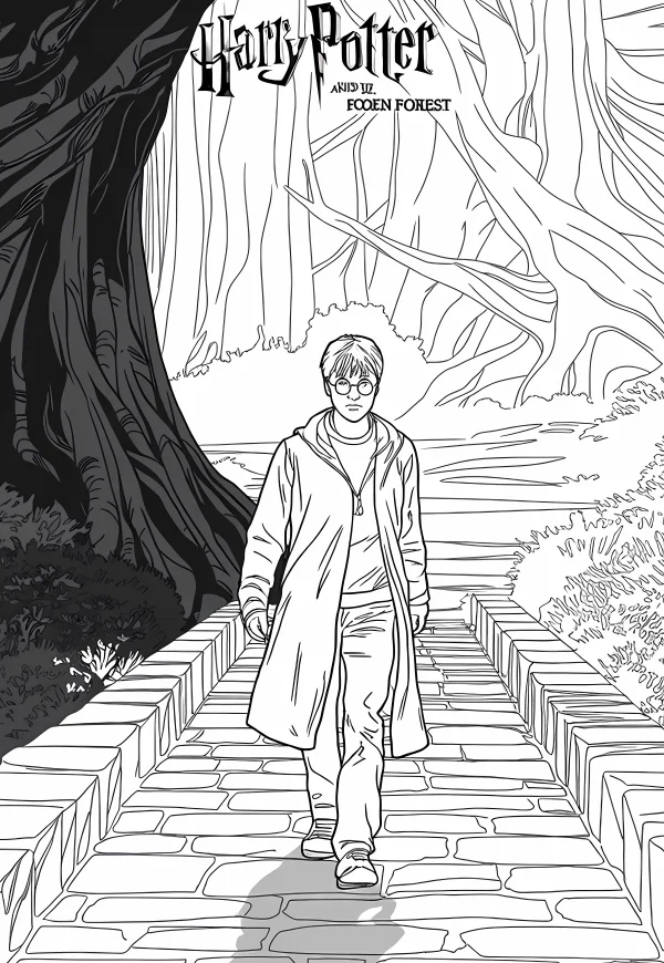 Harry potter with glasses and long robe walking on stone path, fantasy adventure style — free printable forest coloring book page