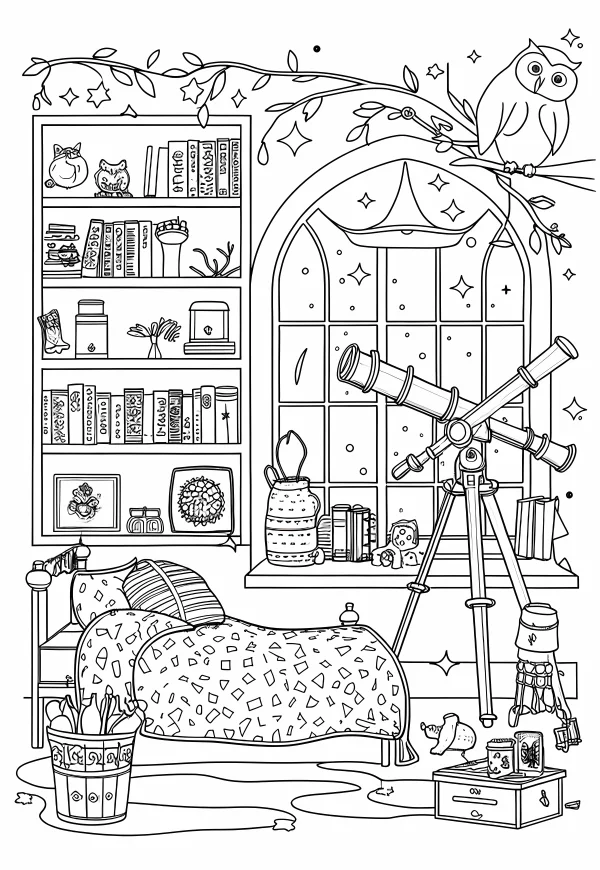 Cozy study room scene with owl, bookshelf — free printable reading coloring book page