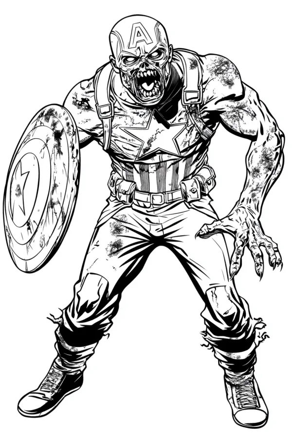 Zombie captain america, american comic style — free printable superhero coloring book page