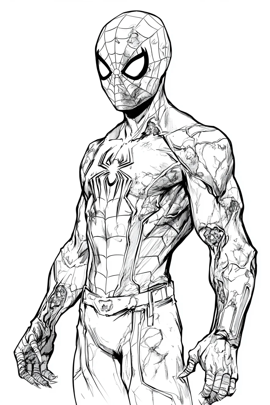 Zombie spider-man, horror style — moderate detail — line art coloring page — for teens and adults