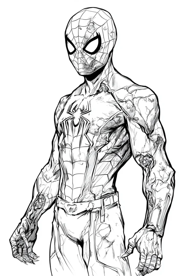 Zombie spider-man, horror style — free printable superhero coloring book page