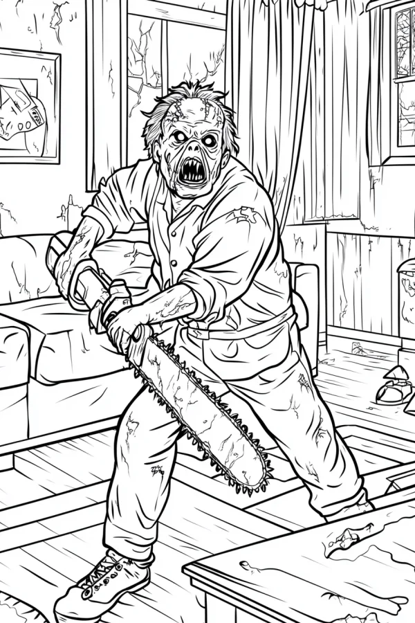 Horror mutant holding chainsaw, dark horror style — free printable violence coloring book page