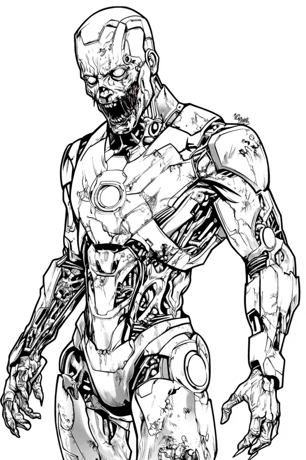 Zombie iron man, horror sci-fi style — free printable sci-fi coloring book page