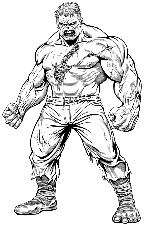 Angry muscular superhero with a large chest wound, comic style — free printable superhero coloring book page