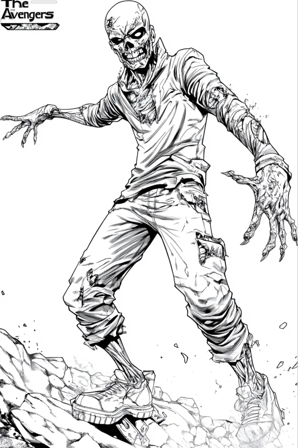 Zombie avenger skeleton, american comic style — free printable superhero coloring book page