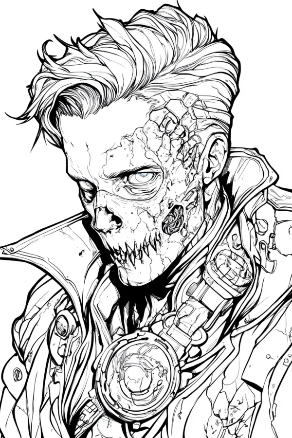 Cyberpunk half-mechanical skull man, horror sci-fi style — free printable sci-fi coloring book page