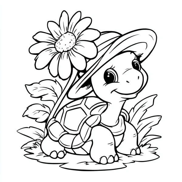 Cartoon tortoise with a wide-brimmed hat, cartoon style — free coloring book page