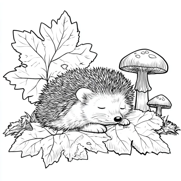 Sleeping hedgehog resting on maple leaves, cartoon style — free printable autumn coloring book page