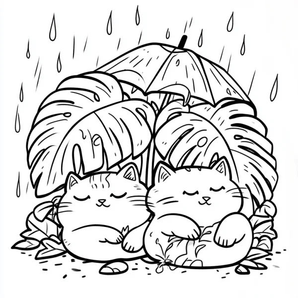 Coloring book page, two chubby sleeping cats under monstera leaves and umbrella in rainy day — free printable pets coloring book page