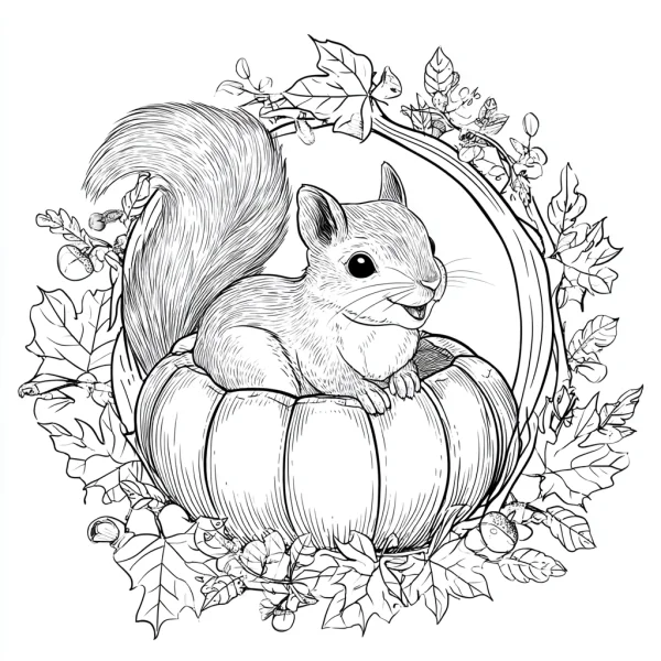 Squirrel sitting on a pumpkin, surrounded by autumn leaves — free printable autumn coloring book page