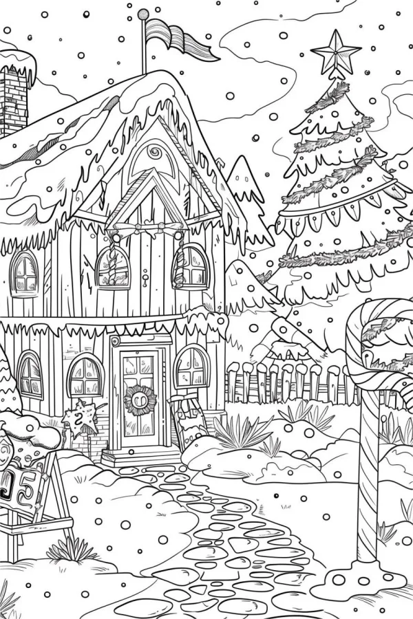 Christmas snowy cottage in winter scene, cartoon style — free printable country life coloring book page