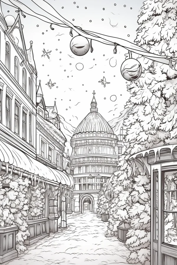 Snowy christmas city street with european-style buildings, christmas ornaments hanging on string lights above — free printable city street view coloring book page
