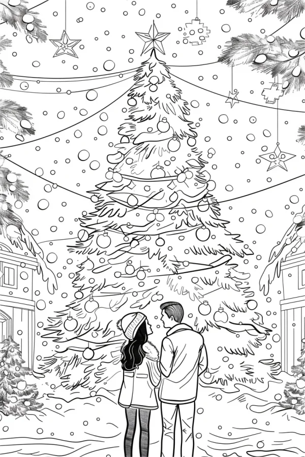 Couple standing under a decorated christmas tree in a snowy town, cartoon illustration style — free printable life scenes coloring book page