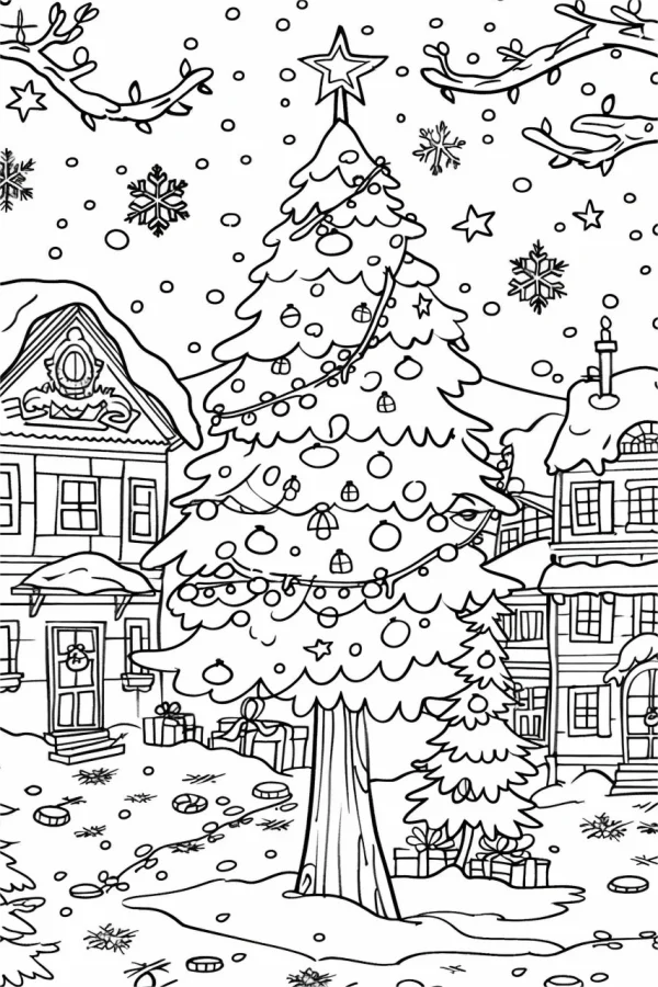 Christmas town winter scene with a large decorated christmas tree and snow-covered houses, cartoon style — free printable small town life coloring book page