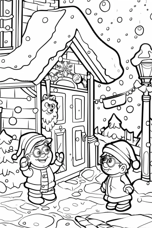 Two kids wearing santa hats in front of a cozy christmas cottage, cartoon style — free printable family coloring book page