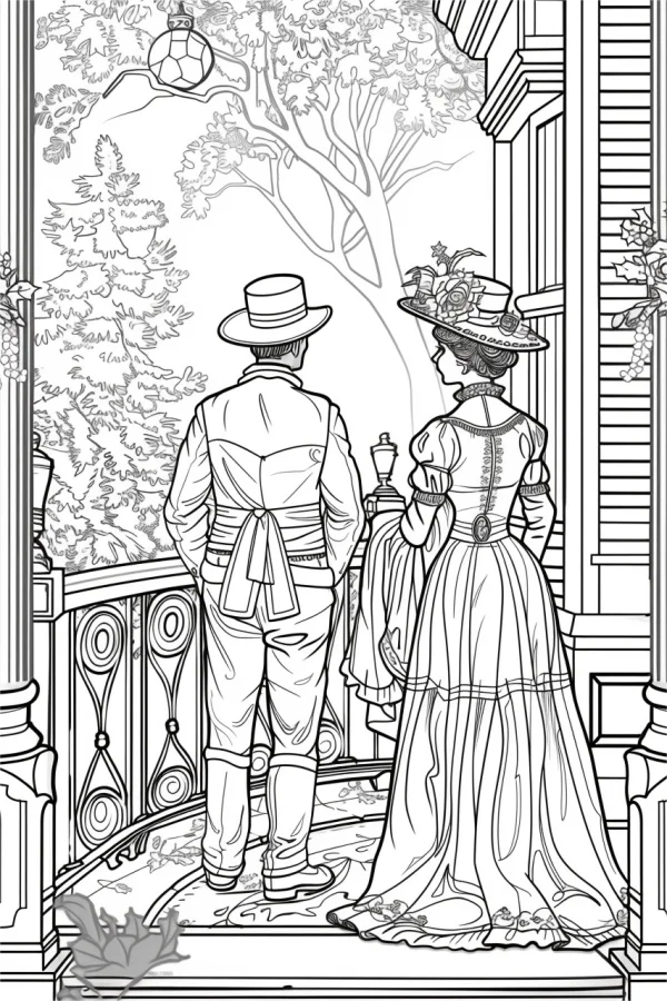 Victorian-style man and woman standing on a balcony, european retro style — free printable vintage coloring book page