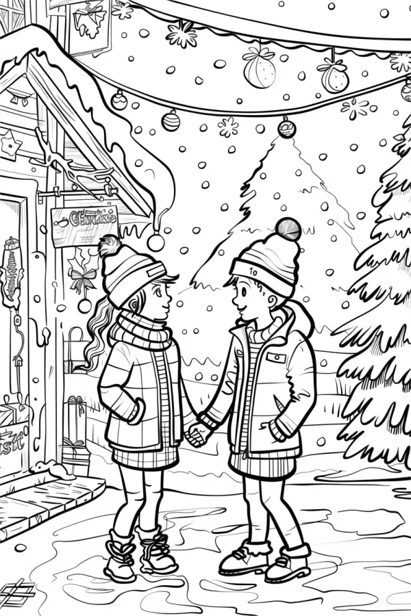 Boy and girl holding hands on winter christmas street, cartoon style — free printable friendship coloring book page