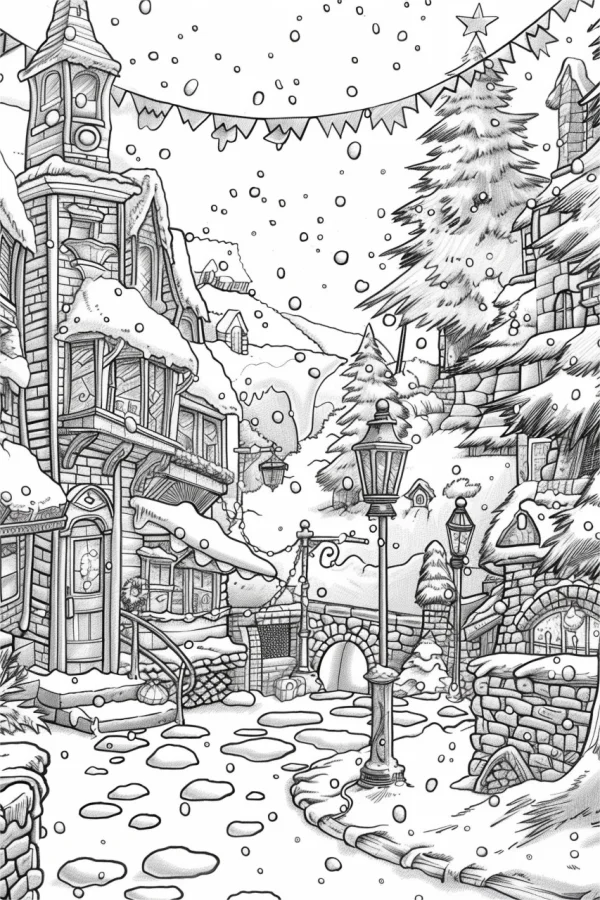 Snowy christmas town scene, cartoon illustration style — free printable small town life coloring book page