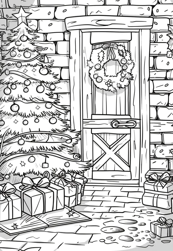 Christmas-themed house entrance, cartoon style — free printable family coloring book page
