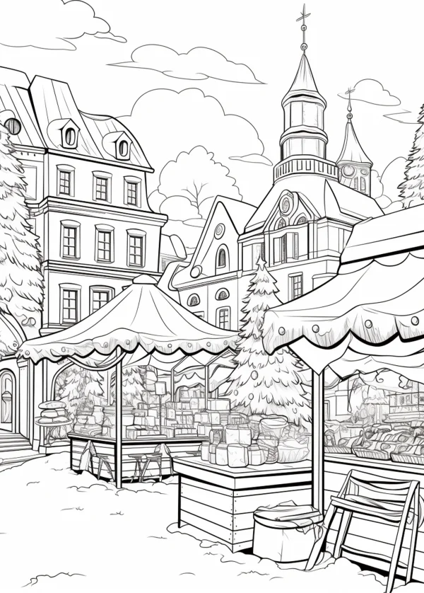 Christmas market in european town, european architectural style — free printable european and american coloring book page