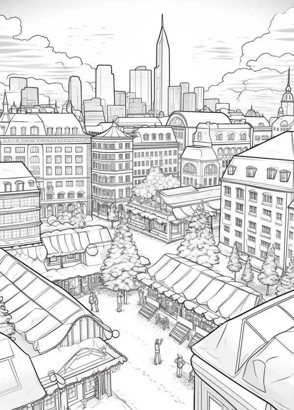 City christmas market, realistic line art style — free printable city coloring book page