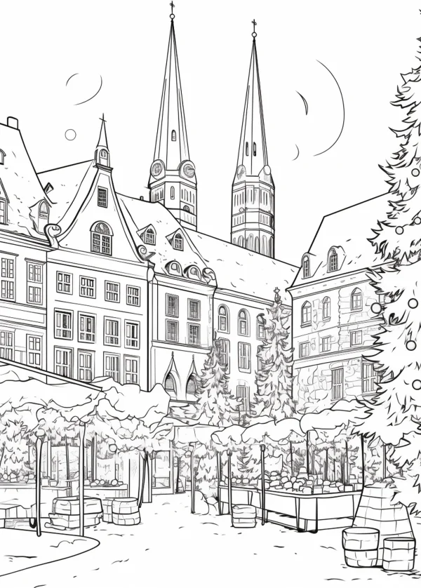 European winter christmas town market scene with twin-spire church, realistic european style — free printable european and american coloring book page