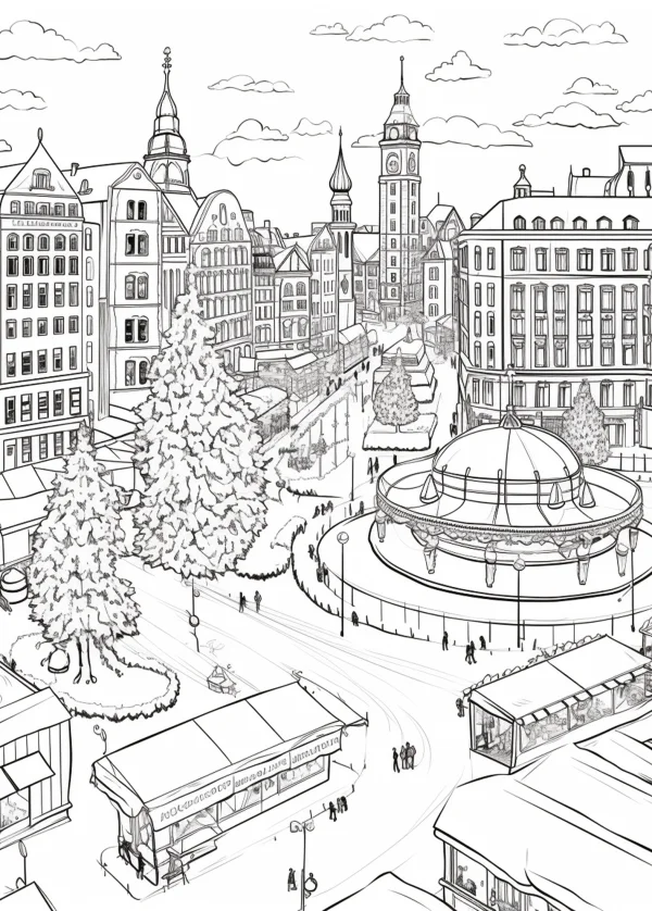 Christmas city square street scene, realistic illustration style — free printable city scenery coloring book page