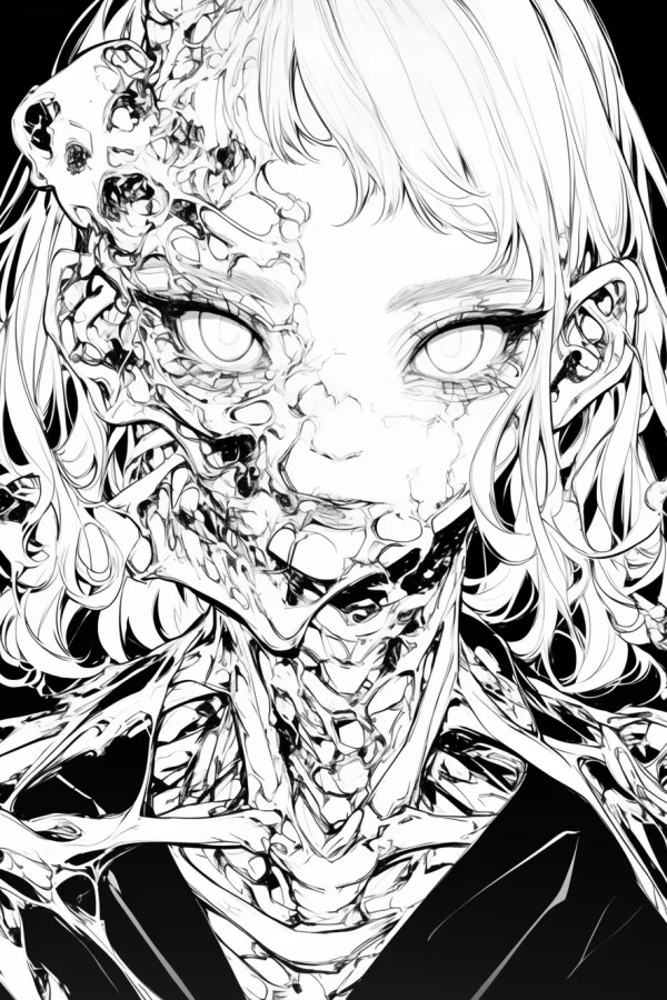 Half-mutated girl with distorted facial and neck tissue, dark horror fantasy style — free printable horror coloring book page