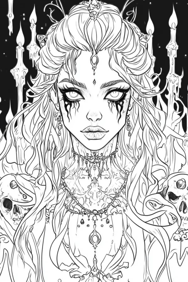 Dark gothic girl with skulls, gothic horror style — free printable horror coloring book page