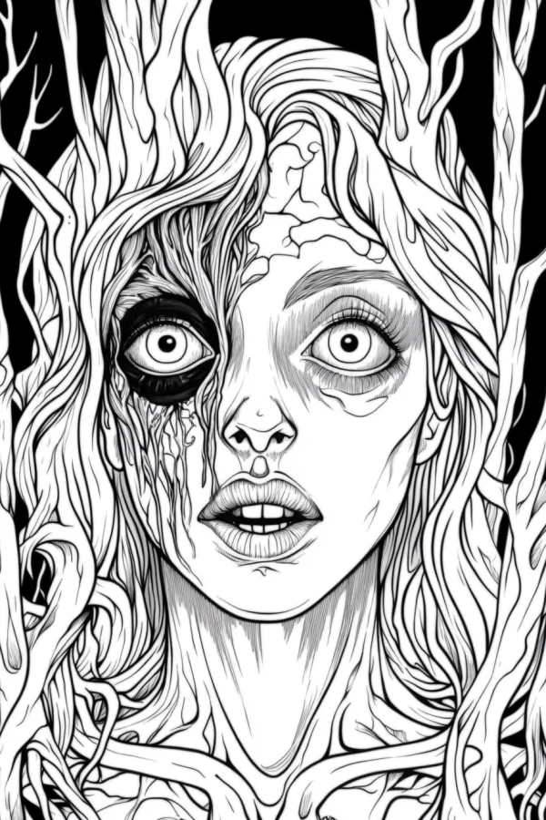 Creepy female portrait merged with tree branches, gothic dark style — free printable horror coloring book page