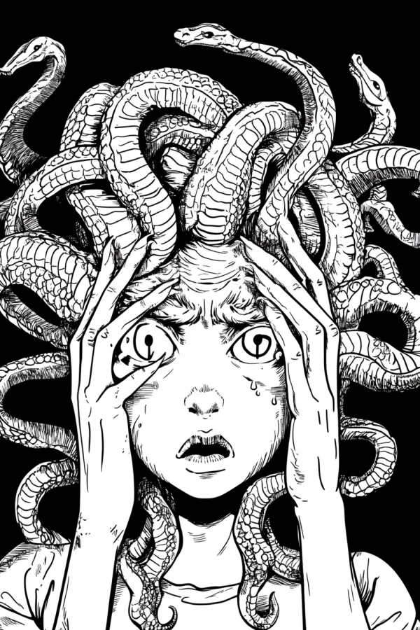 Terrified medusa with snake hair, dark horror style — free printable horror coloring book page