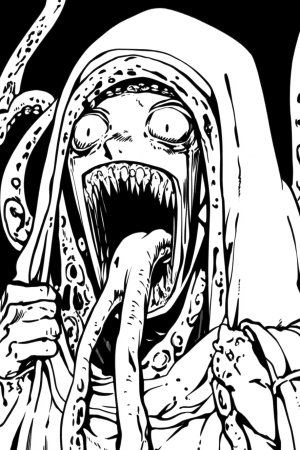 Creepy hooded monster with tentacles, horror and fantasy style — free printable horror coloring book page
