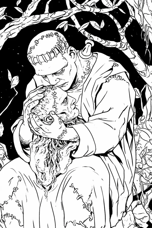 Frankenstein's monster holding a stitched human head, horror style — free printable horror coloring book page