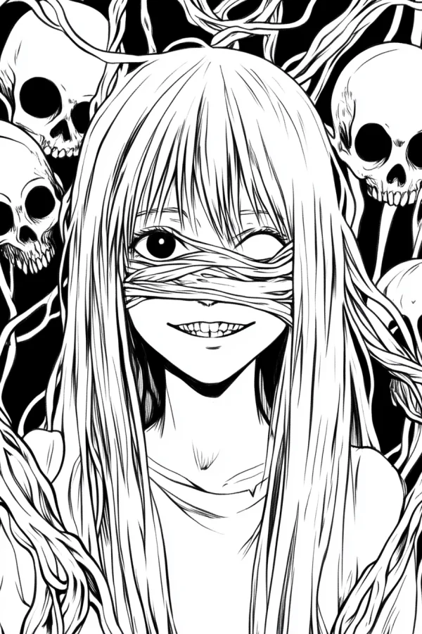 Eerie girl with bandage over one eye, horror comic style — free printable horror coloring book page