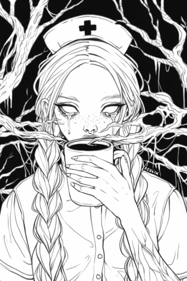 Eerie nurse with double braids, horror dark fantasy style — free printable horror coloring book page