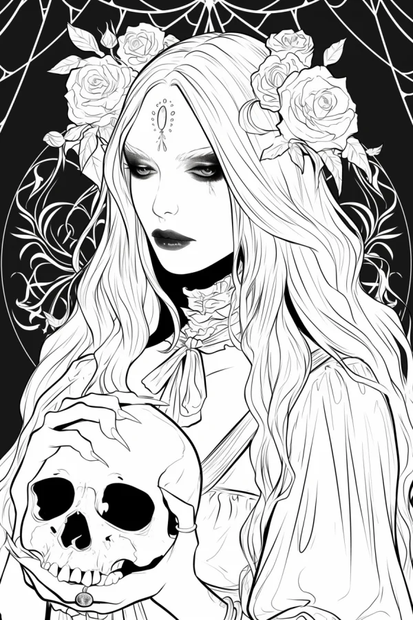 Gothic woman with long wavy hair adorned with roses holding human skull, gothic horror style — free printable horror coloring book page