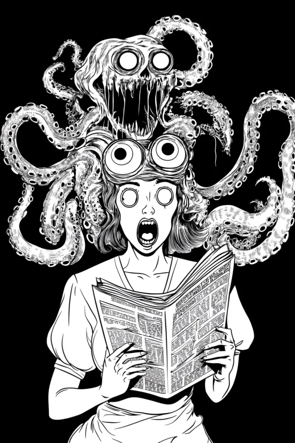 Scared woman with cthulhu octopus monster on her head, dark comic horror fantasy style — free printable horror coloring book page