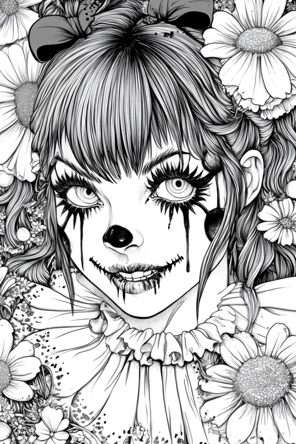Creepy clown girl with stitched mouth and tear-like dark lines, dark horror illustration style — free printable horror coloring book page