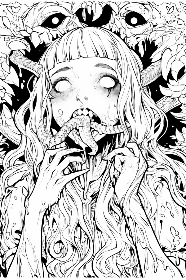 Eerie slime-covered girl with snake-like tentacles in mouth, terrifying monster with large eyes behind her — free printable horror coloring book page